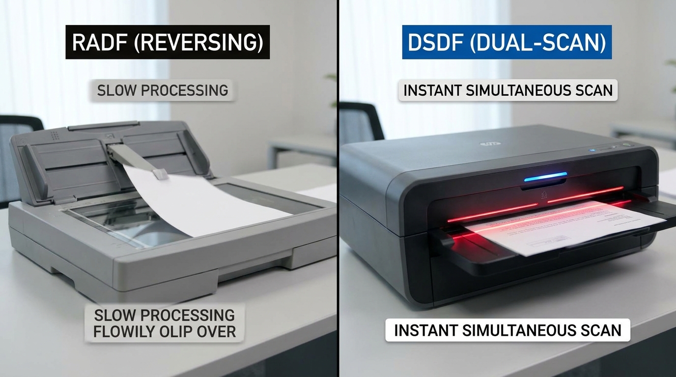 A side-by-side visual comparison showing a slow traditional reversing document feeder (RADF) flipping a page on the left, and a modern dual-scan document feeder (DSDF) scanning both sides of a document simultaneously with glowing laser lines on the right
