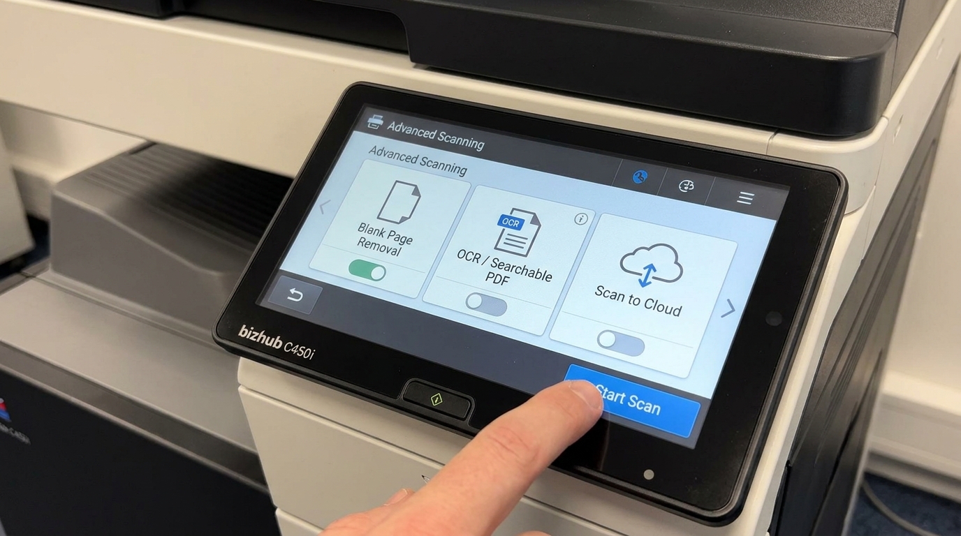A close-up of a multifunction printer touchscreen interface showing advanced scanning options like 'Blank Page Removal', 'OCR / Searchable PDF', and 'Scan to Cloud', with a finger about to press the start button